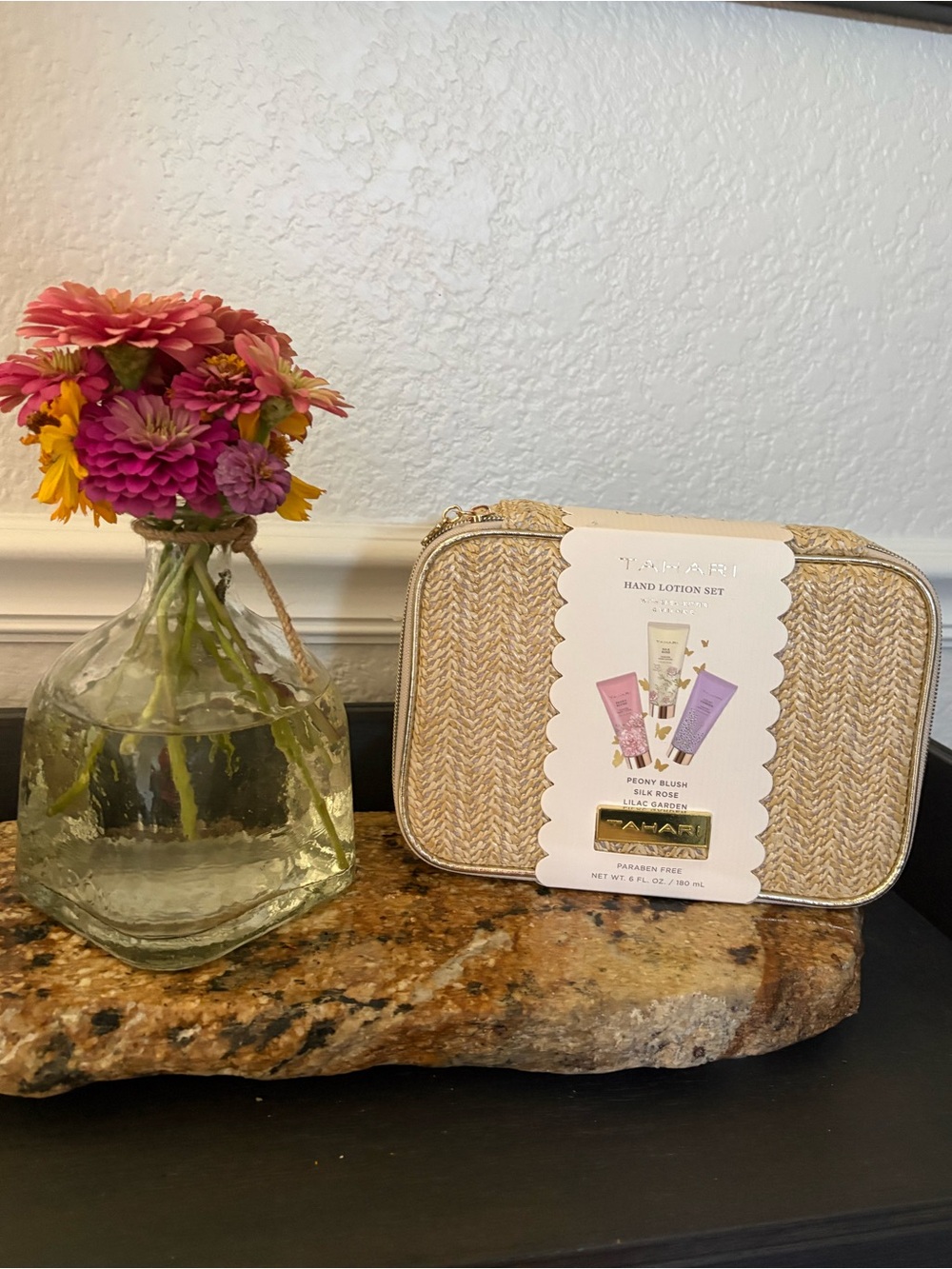 Tahari Gold Woven Cosmetic Pouch with Hand Lotions Peony Rose & Lilac Travel Set